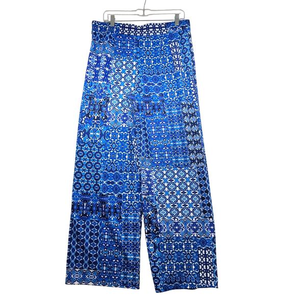 Isaac Mirzah Live Blue Floral Pull On Wide Leg Flowy Stretch Pants Womens Medium - Picture 2 of 13